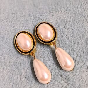 Vintage Faux Pearl Drop Clip Earrings w/ Black & Goldtone Accents